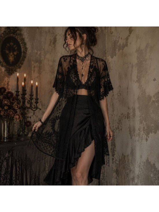 Xhilaration Sweaters - Witchy Black Mesh Lace Duster Cardigan Whimsigoth Festival Gothic Boho Fringe S